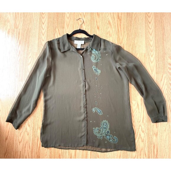 Norton Womens Sheer Button-Up Blouse size XL Paisley Print Accents Olive Green - Picture 4 of 9